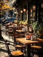 fotografie van buitenshuis cafe in daglicht met glad verlichting ai gegenereerd foto