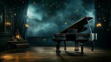 een oud groots piano in de midden- van donker blanco kamer met god stralen licht het omhoog ai genereren foto