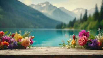 leeg houten tafel versierd met kleurrijk bloemen, wazig lagune en berg visie, achtergrond, ai generatief. foto