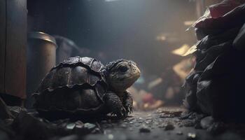 een schildpad slaapt tussen de aambeien van plastic verspilling en de regen. concept van besparing de wereld. generatief ai. foto