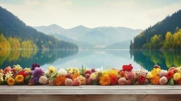 leeg houten tafel versierd met kleurrijk bloemen, wazig lagune en berg visie, achtergrond, ai generatief. foto