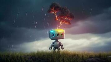 een klein robot staat en looks Bij de boom in de lucht met kleurrijk bliksem stormen. ai generatief. foto
