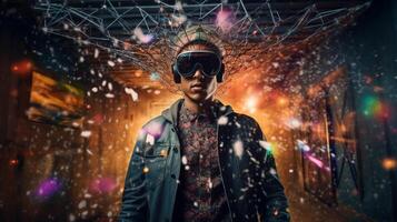 jong Mens gebruik makend van virtueel realiteit hoofdtelefoon. vr bril, futuristisch, technologie, online opleiding, opleiding, video spel concept. generatief ai. foto