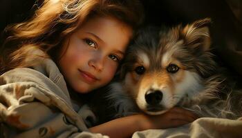 een schattig puppy en een glimlachen kind delen een liefhebbend binding gegenereerd door ai foto
