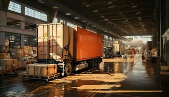 vracht vervoer industrie levert lading containers gebruik makend van vrachtwagens en heftrucks gegenereerd door ai foto