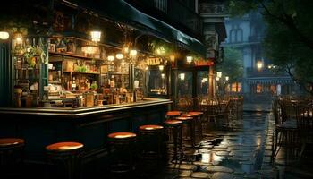 nachtclub, verlichte stadsgezicht, modern architectuur, houten bar, drinken vestiging gegenereerd door ai foto