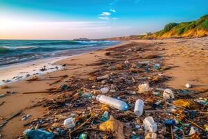 gemorst vuilnis Aan strand. milieu vervuiling. ecologisch probleem. generatief ai foto