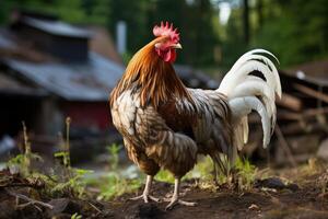 huiselijk haan Aan een natuurlijk boerderij. generatief ai foto