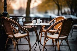 rieten stoelen en een metaal tafel in een buitenshuis zomer cafe. generatief ai foto