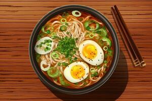 ramen in een kom top visie. ramen soep met ei en groen uien. generatief ai foto