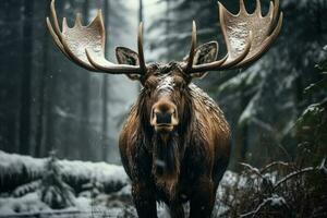 majestueus eland in de sneeuw in de Woud. generatief ai foto