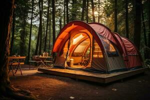 camping picknick tent camping in buitenshuis wandelen Woud. generatief ai foto