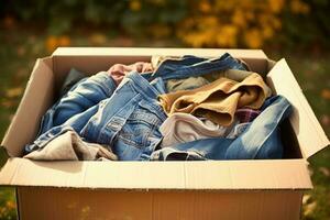 uit de mode kleren voor recycle in doos. generatief ai foto