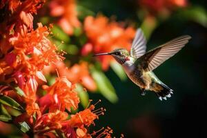 kolibrie zuigt nectar van bloem in de ochtend. dichtbij omhoog. generatief ai foto