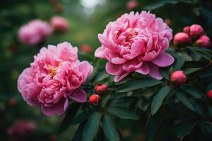 mooi groot roze pioen bloemen Aan een struik in de tuin. generatief ai foto