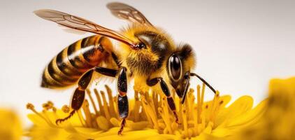 honing bij zit Aan een bloem en verzamelt nectar. dichtbij - omhoog van een werken insect. generatief ai foto