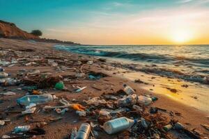 gemorst vuilnis Aan strand. milieu vervuiling. ecologisch probleem. generatief ai foto