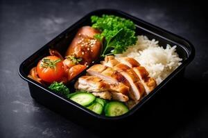 maaltijd prep containers met gezond lunch naar Gaan voor werk of school- met gegrild kip, rijst- en groenten. generatief ai foto