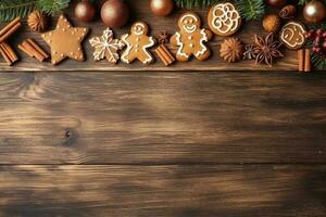 Kerstmis samenstelling, kader met gember snap, koekje en ontbijtkoek, Aan bruin houten achtergrond. generatief ai foto