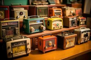 een verscheidenheid van wijnoogst tafel top retro radio's. generatief ai foto