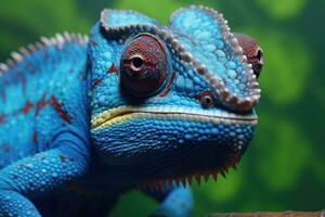 blauw gekleurde kameleon dichtbij omhoog. generatief ai foto