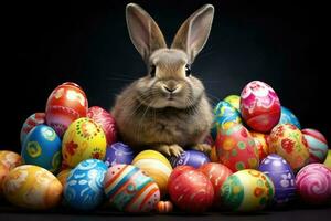 een konijn zittend in een stapel van gekleurde eieren. generatief ai foto