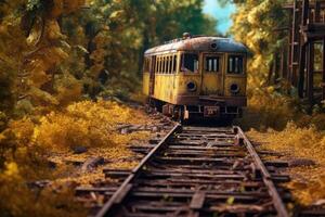 oud toerist trein met roestig het spoor. generatief ai foto