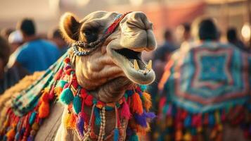mooi versierd kameel lachend. generatief ai foto