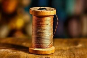 naaien draad Aan een oud houten spoel in wijnoogst stijl. generatief ai foto