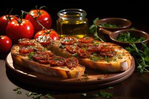 tapas Aan de houten bord en ingrediënten. generatief ai foto