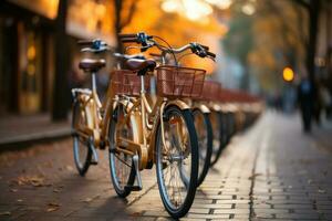 fietsen van verschillend kleuren en vormen geparkeerd. zelf onderhoud ecologisch middelen van vervoer voor huur. generatief ai foto