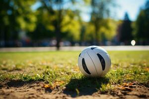 sport- volleybal bal in de gras. generatief ai foto