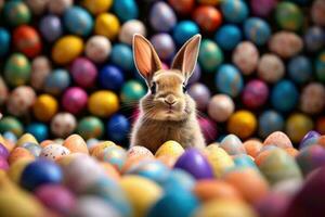 een konijn zittend in een stapel van gekleurde eieren. generatief ai foto