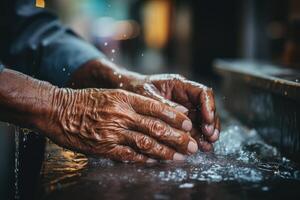 handen van senior Mens wassen hun handen in een wastafel met schuim. generatief ai foto