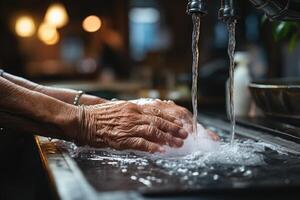 handen van Dames wassen hun handen in een wastafel met schuim. generatief ai foto