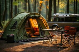 camping picknick tent camping in buitenshuis wandelen Woud. generatief ai foto