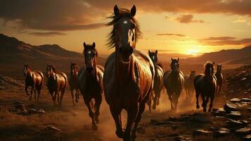 een kudde van wild paarden ritten aan de overkant de steppe. generatief ai foto
