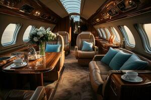 luxe interieur van een privaat ruim vliegtuig. generatief ai foto
