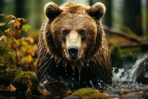 bruin beer visvangst in een rivier. generatief ai foto