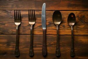 antiek lepel en vork, mes Aan een houten tafel. generatief ai foto