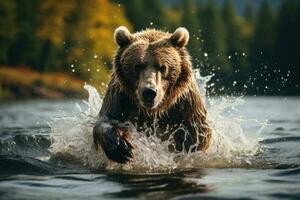 bruin beer visvangst in een rivier. generatief ai foto