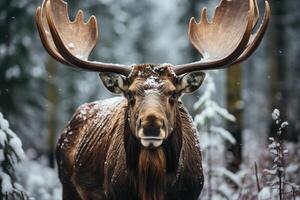 majestueus eland in de sneeuw in de Woud. generatief ai foto