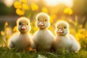 schattig pluizig eendje Aan groen gras buitenshuis. generatief ai foto