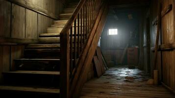 oud houten trap naar de zolder in een oud huis. generatief ai foto