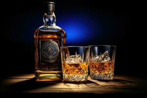 whisky glas met ijs en drinken De volgende naar glas fles. generatief ai foto