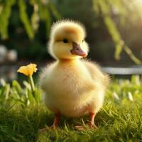 schattig pluizig eendje Aan groen gras buitenshuis. generatief ai foto