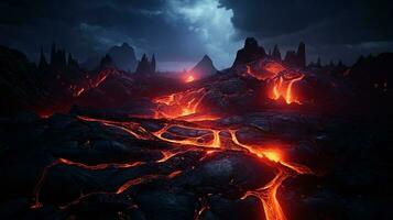 lava vloeiende in de buurt vulkaan Bij nacht, gloeiend gesmolten rotsen, dramatisch vulkanisch landschap foto