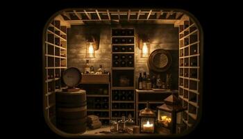 donker huiselijk kamer verlichte door oud fashioned lantaarn, wijn fles Aan plank gegenereerd door ai foto