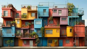 modern architectuur, levendig kleuren, woon- gebouw, stad leven, dak, balkon gegenereerd door ai foto