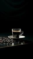 een kop van zwart koffie Aan een bord met zwart achtergrond foto
